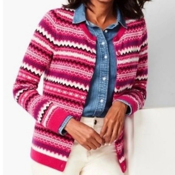 Talbots Fair Isle Lambswool Blend Cardigan Sweater Women Sz MP Pink Button Front - Picture 1 of 9